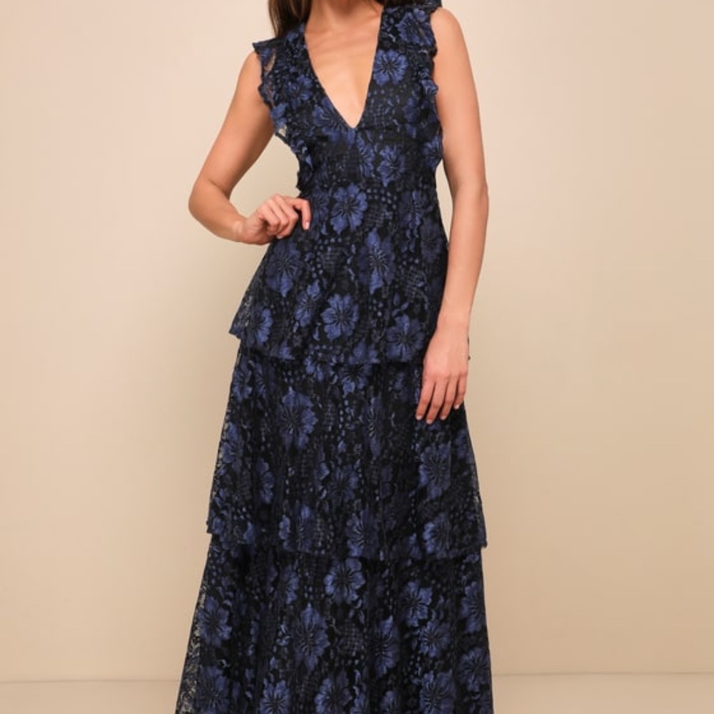 Lulus Molinetto Navy Blue Lace Ruffled Tiered Sleeveless Maxi Dress - Size S - Picture 1 of 1